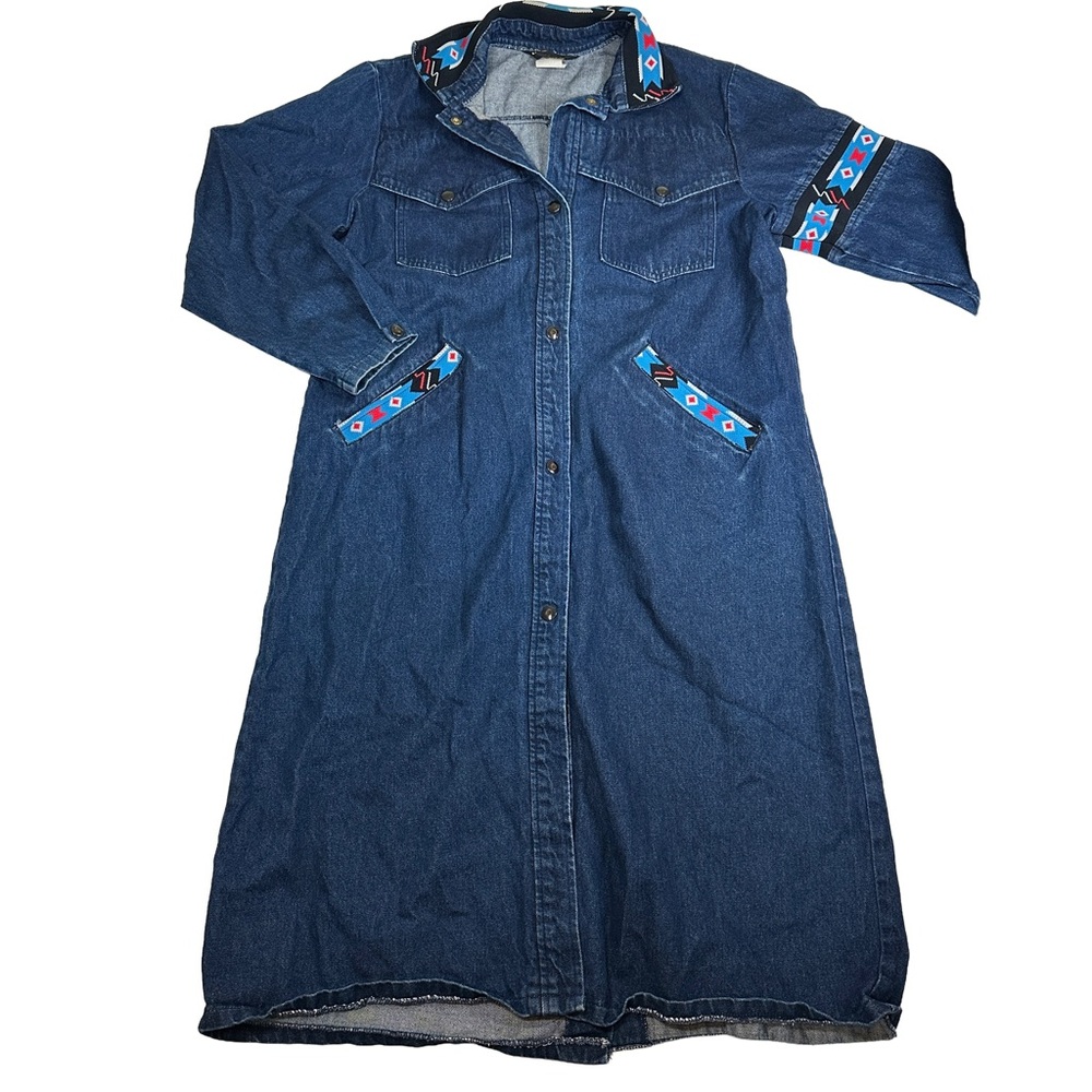 David James denim duster western 80s 90s vintage long jacket Jean dark wash‎